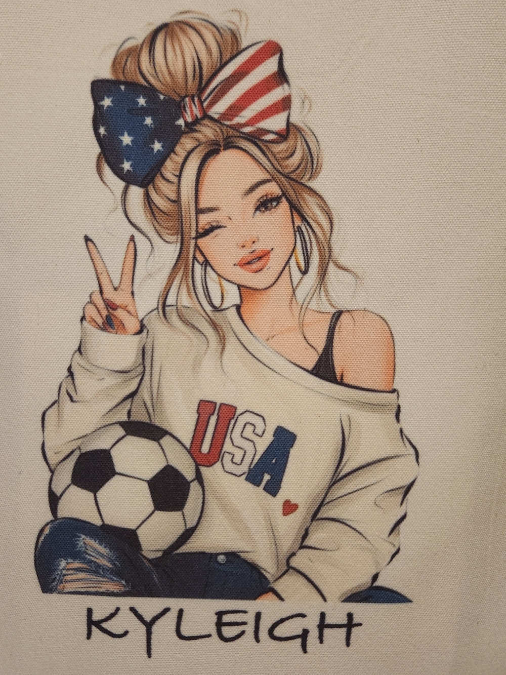 Hand Crafted USA Graphic Bag Design with Soccer Girl.
